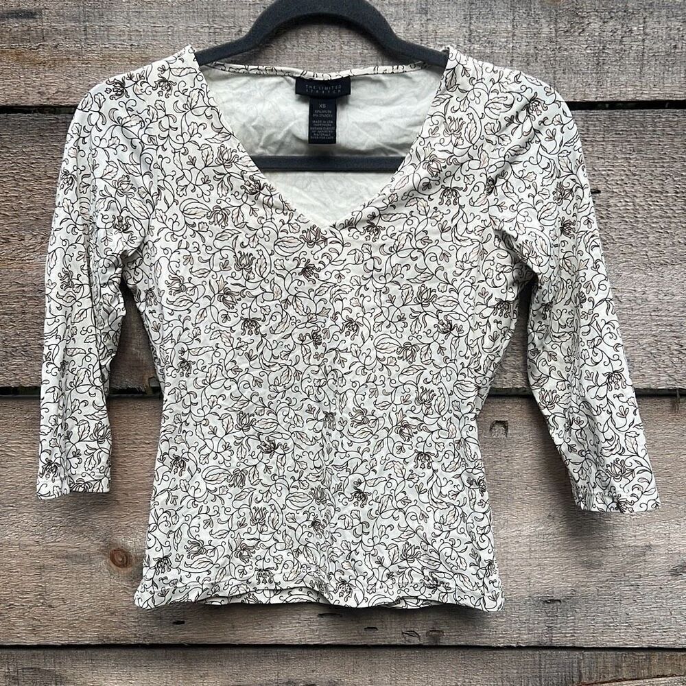 The Limited White & Tan Floral Print Pullover V-Neck 3/4 Sleeve Top Size XS